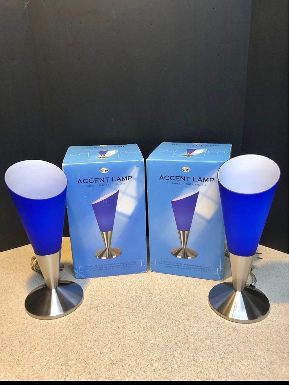 Pair Vintage Y2K Hampton Bay Cobalt Blue Glass Torchiere Lamps Postmodern Retro